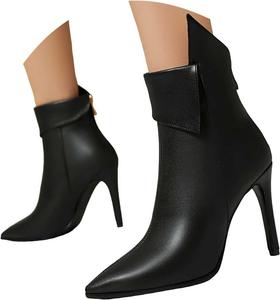 Женские кожаные ботильоны на шпильке с заостренным носком, модные сексуальные сзади на молнии, классические туфли для вечеринок, на высоком каблуке, осенне-зимние короткие ботинки для работы, официальных событий и свадеб Generic, Black