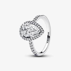Кольцо Pandora Timeless Sparkling Pear Halo, серебро