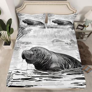Erosebridal Комплект постельного белья Manatee с винтажным рисунком морских коров в серых тонах, Multi 17