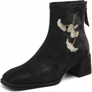Женские ботильоны TinaCus ручной работы из натуральной кожи с квадратным носком, застежкой-молнией, вышивкой и массивным каблуком, Black