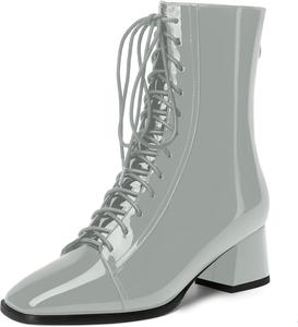 Женские ботинки WAYDERNS с квадратным носком, на шнуровке, с массивным невысоким каблуком 2 дюйма, лакированные, для походов и путешествий, с высоким голенищем, Grey
