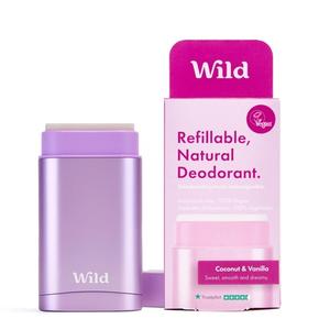 Натуральный сменный дезодорант веганский Экологичный Без алюминия Длительная защита 100% натуральные ингредиенты Стартовый набор Фиолетовый футляр Кокос Ванильный сменный блок 1,4 унции Wild