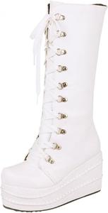 Женские ботильоны на платформе и каблуке ZBYY, с круглым носком и высокой шнуровкой до колена, зимние ботинки для походов и активного отдыха для женщин, White
