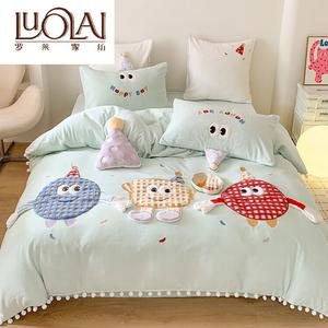 LUOLAI HOME Комплект постельного белья 1,5 м, 4 предмета, простыня, пододеяльник 200x230 см, наволочки 48x74 см, цвет Cookie Party Green, в комплекте подушка