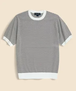 Хлопковый/шелковый полосатый свитер с круглым вырезом и короткими рукавами