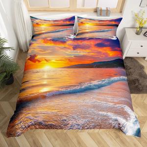 Erosebridal Комплект постельного белья Sunset Duvet Cover Blue Ocean с морским принтом в желто-оранжево-фиолетовой гамме, Multi 07