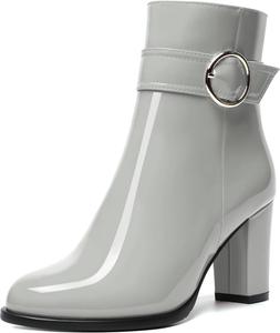 Женские повседневные ботильоны MODENCOCO с круглым носком, боковой молнией, модным дизайном, комфортные лакированные на высоком блочном каблуке 3,5 дюйма, Grey