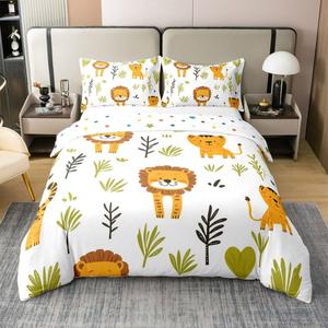 Erosebridal Хлопковый комплект постельного белья с детским принтом животных в стиле сафари, кавай лев и тигр, милый декор для спальни, White Green Orange