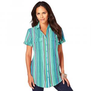 Женская большая рубашка из жатого хлопка Roaman's больших размеров, цвет Jade Seersucker Stripe