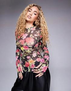 Сетчатый топ Kaylee с длинными рукавами и принтом в виде роз на обоях AFRM