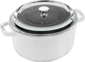 Круглая чугунная кокотница Staub with Glass Lid, 3,8 л, 24 см, белый