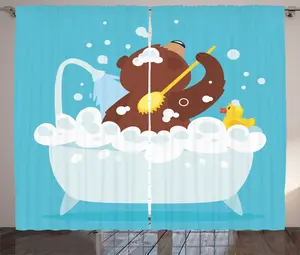 Штора ABAKUHAUS "Забавный медведь" в деревенском стиле, с пузырьками, для спальни, со сборками, петлями и крючками, 280 x 225 см, синий, коричневый, желтый Abakuhaus