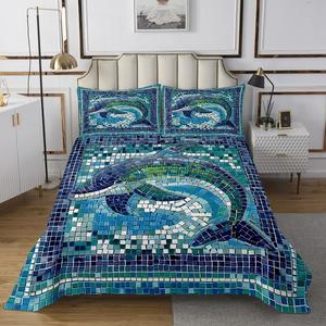 Erosebridal Комплект постельного белья Mosaics Queen Mosaic Dolphin с абстрактным геометрическим паттерном в морской тематике, Blue Green