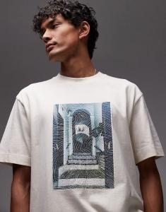 Футболка Topman свободного кроя с принтом дверного проема и вышивкой в цвете экрю