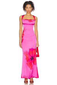 Атласное макси-платье на шнуровке Good American, pink hibiscus002