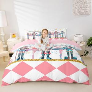 Erosebridal Розовый комплект постельного белья с рождественскими снежинками и щелкунчиком, Blue Pink White