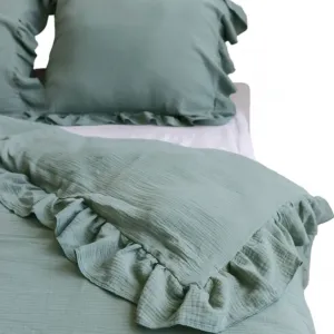 Комплект постельного белья из муслина с оборками: пододеяльник 220x200 см + 2 наволочки 70x80 см, цвет Бохо-зеленый EDANTI