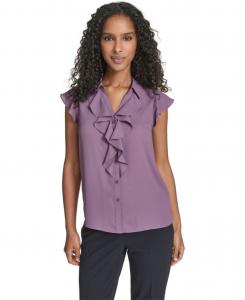 Укороченный однотонный топ с короткими рукавами и оборкой спереди Calvin Klein, Winter Plum