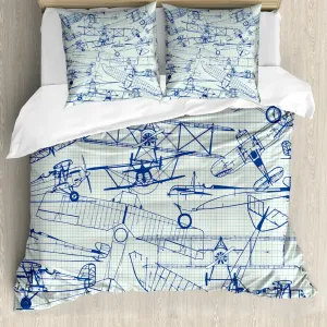 Пододеяльник ABAKUHAUS "Самолет", винтажный дизайн, защита от клещей, подходит для аллергиков, с наволочками, 155 см x 220 см - 80 x 80 см, фиолетовый, синий, бирюзовый Abakuhaus