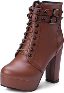 Женские модные ботильоны VOKLIN на высоком каблуке с платформой, круглым носком, шнуровкой и молнией, элегантные короткие ботинки, Brown-Velvet Lined
