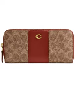 Essential Signature Canvas Slim Accordion Zip Wallet – Элегантный компактный кошелек-книжка на молнии Essential Signature из ткани canvas COACH, коричневый/бежевый