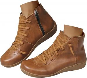 Женские винтажные повседневные короткие ботильоны, ботильоны для женщин 2025 года с поддержкой свода, модные с низким каблуком, боковой молнией, ретро кожаные ботинки, челси для женщин, удобные слипоны на плоской подошве Eynuo, Z02-Brown