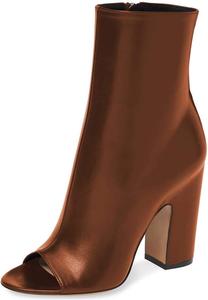 Женские ботильоны XYD с открытым носком, средней высоты, массивным высоким каблуком, блестящей мягкой кожей, боковой молнией, для повседневного ношения, модные, Chocolate