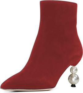 Женские модные ботильоны FSJ с острым носком, средним каблуком и боковой молнией с жемчугом, повседневная обувь для улицы, размер 4-15 US, Dark Red