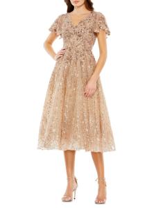 Платье миди с цветочной вышивкой и рукавами-бабочками Mac Duggal, серо-коричневый