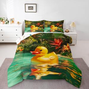 Erosebridal Комплект постельного белья Cute Funny Duck с желтым принтом уточек и зелеными листьями, Yellow Green