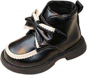 Девочковые ботильоны с бантом, утепленные мехом зимние снежные ботинки из искусственной кожи, теплые короткие ботиночки для детей 2-12 лет Zzalalana, Black