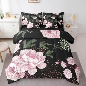 Erosebridal Винтажный комплект постельного белья с розовыми и черными пионами, элегантный цветочный принт, включает пододеяльник, простыни и наволочки, садовый декор для спальни, Pink,green,black