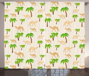 Штора ABAKUHAUS Oasis в деревенском стиле, повторяющиеся верблюды и пальмы, присборенная тесьма для спальни с петлями и крючками, 280 x 225 см, цвет яичной скорлупы и разноцветный Abakuhaus