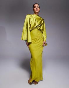 Платье макси ASOS DESIGN из смеси атласа и шифона с расклешенными рукавами и драпированной юбкой цвета лайма