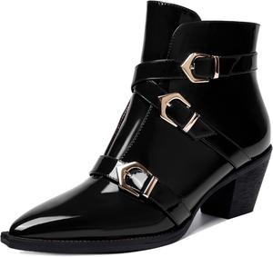 Женские модные ботильоны SKYSTERRY с острым носком на молнии, лаковые, для вечеринки, с массивным низким каблуком 2,5 дюйма, Black