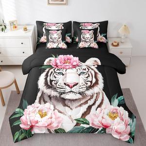 Erosebridal Комплект постельного белья 7Pcs Flower Tiger с диким животным принтом, розовые цветы и белый тигр на черном фоне, Black Pink