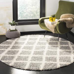 Ковер SAFAVIEH, 183 x 183 см, Dallas Shag Collection, круглый, Grey & Ivory, узор Trellis, без линьки и простой в уходе, идеален для помещений с высокой проходимостью в гостиной, спальне (SGDS258G)