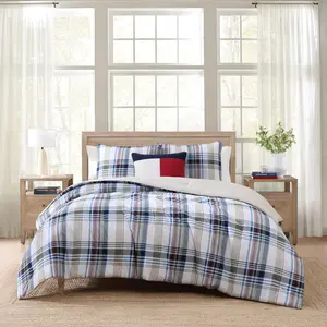 Tommy Hilfiger Комплект постельного белья Full/Queen, хлопковый, текстурированная обивка, наволочки в комплекте, средняя плотность, сертифицирован Oeko-TEX, синий в клетку Waterbury