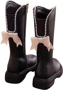 Детские сапоги до колена для девочек, сапоги средней длины, верховые сапоги, искусственная кожа, молния, панк/гот стиль, осень-зима, с бантом, боевые сапоги, маленькие и большие размеры Generic, A04 Black