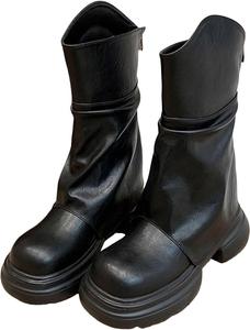 Женские сапоги средней длины с низкой посадкой, с откидным верхом, на массивной платформе, с круглым носком, широкие голенища, байкерские/военные сзади на молнии Generic, Black