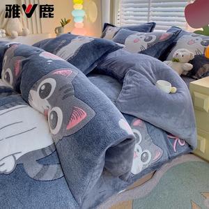 Yalu Пододеяльник 200х230 см из молочного велюра, двусторонний флис, дизайн с котятами