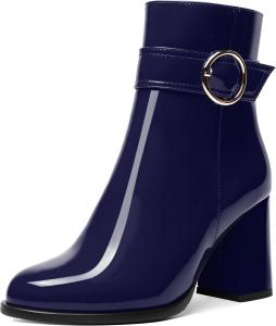Женские ботильоны NUMALEO из лакированной кожи с повседневной молнией, для свиданий, с ремешком на щиколотке, круглым носком, пряжкой, массивным каблуком 3,3 дюйма, Navy Blue