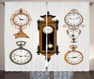 Винтажная штора ABAKUHAUS в деревенском стиле, узор в виде старинных часов, универсальная ленточная штора для гостиной с петлями и крючками, 280 x 175 см, цвет умбра и бежевый Abakuhaus