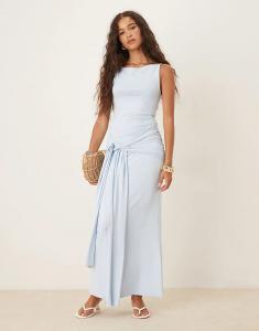 Платье макси Gina Tricot с мягким завязкой спереди, светло-голубого цвета