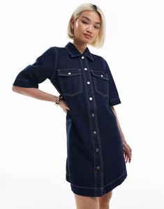 Платье Vero Moda из джинсовой ткани с короткими рукавами и пуговицами спереди темно-синего цвета