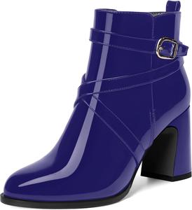 Женские ботильоны ROSERWISH из лакированной кожи для путешествий и активного отдыха с круглым носком, пряжкой, молнией, ремешком вокруг щиколотки и устойчивым каблуком 3,3 дюйма