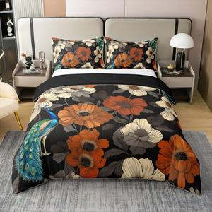 Erosebridal Богемский комплект постельного белья с цветочным принтом и павлинами, 100% хлопок, современный фермерский стиль, Black Grey Blue