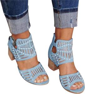 Женские босоножки SACFOF с открытым носком, летние босоножки с пряжкой и вырезами на низком каблуке, нарядные босоножки с ремешком на щиколотке и задней молнией, Bule