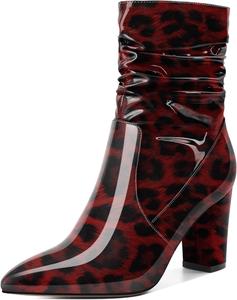Женские свободные ботильоны Mettesally с высокими массивными каблуками, заостренным носком, боковой молнией, каблук 3,5 дюйма, полусапожки для платья, Patent Leopard Red