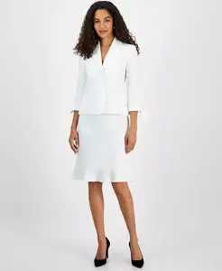 Женский жакет с тремя пуговицами и манжетами-галстуком & юбка с воланированным подолом Le Suit, белый